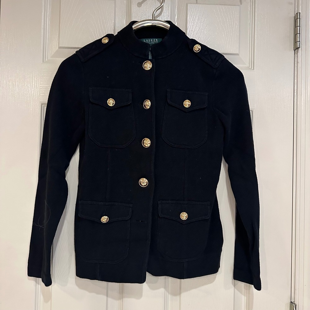 Lauren Ralph Lauren Petite Black Cotton Military Knit Jacket Gold Buttons P/P